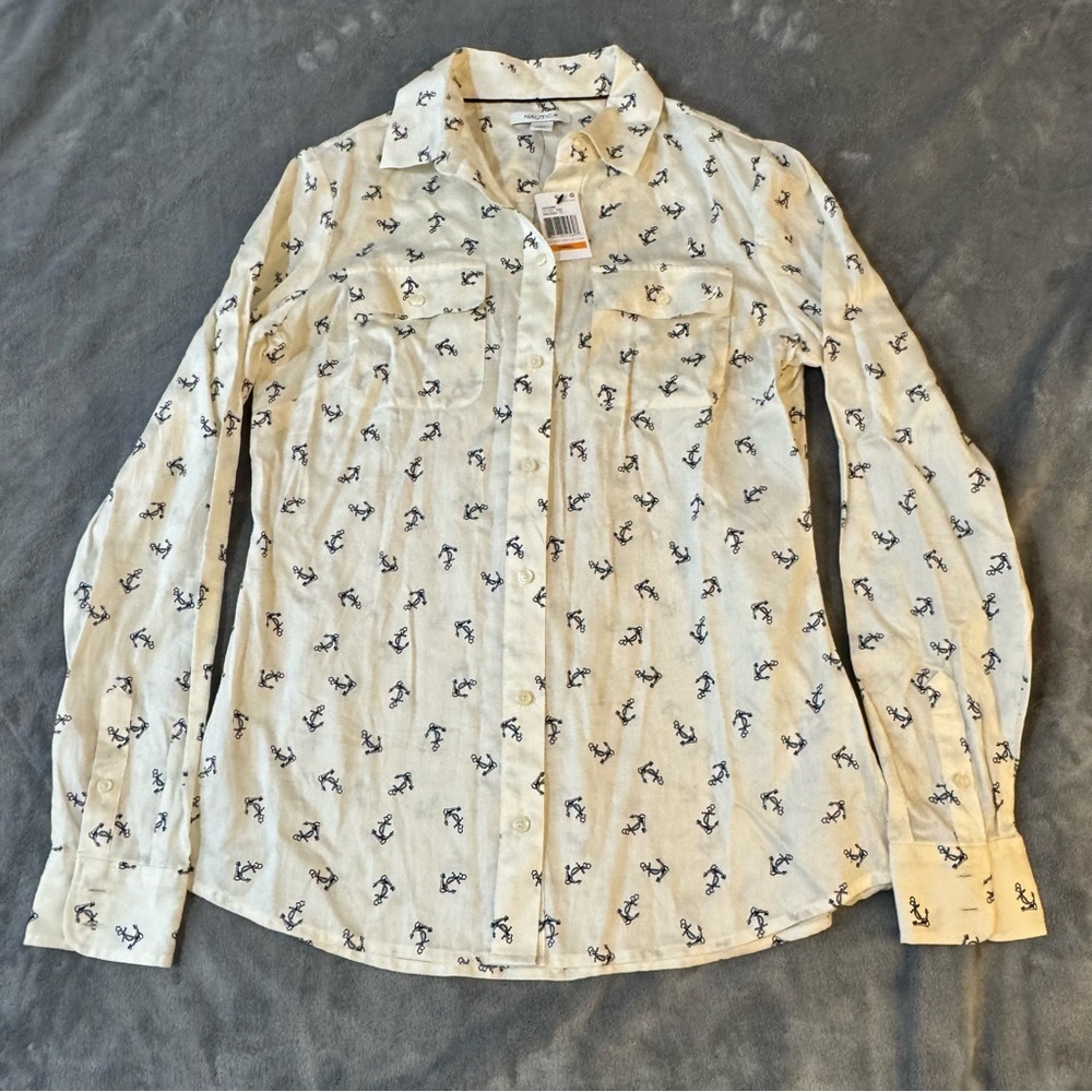 Nautica White and Blue Anchor Print Casual Button Down Shirt
#1364